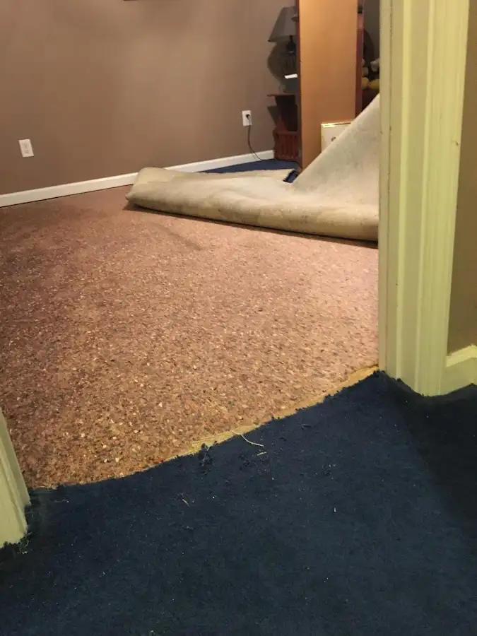 Carpet pad removal revealing water damage during Drying & Dehumidification in Garden Acres
